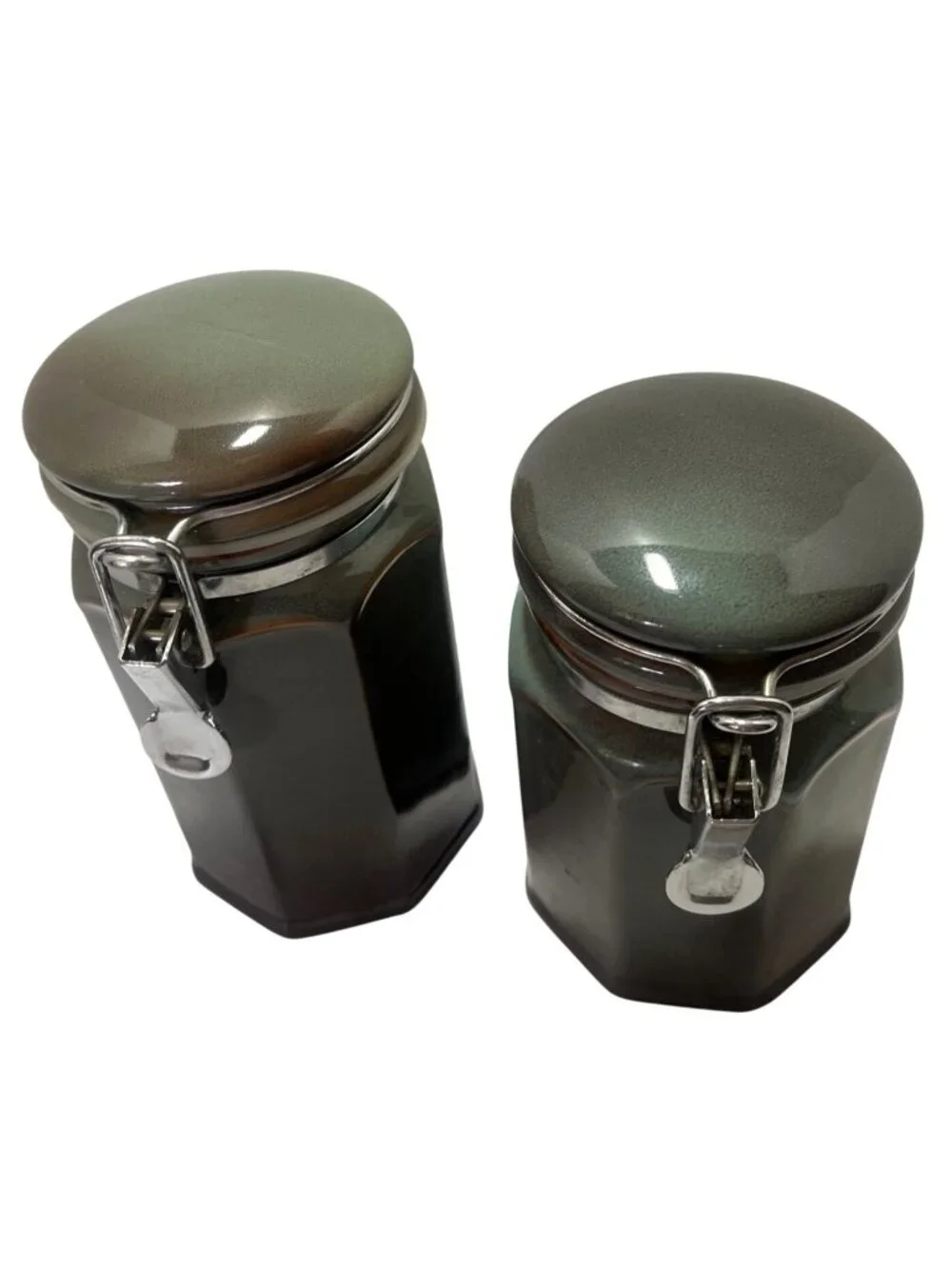 Pier 1 Six Inch Ceramic Hexagonal Canister with Latch Lid in Brown & Green Glaze